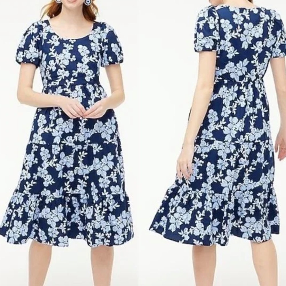 J.Crew Factory Puff-Sleeve Tiered Midi Floral Navy Dress Size 2